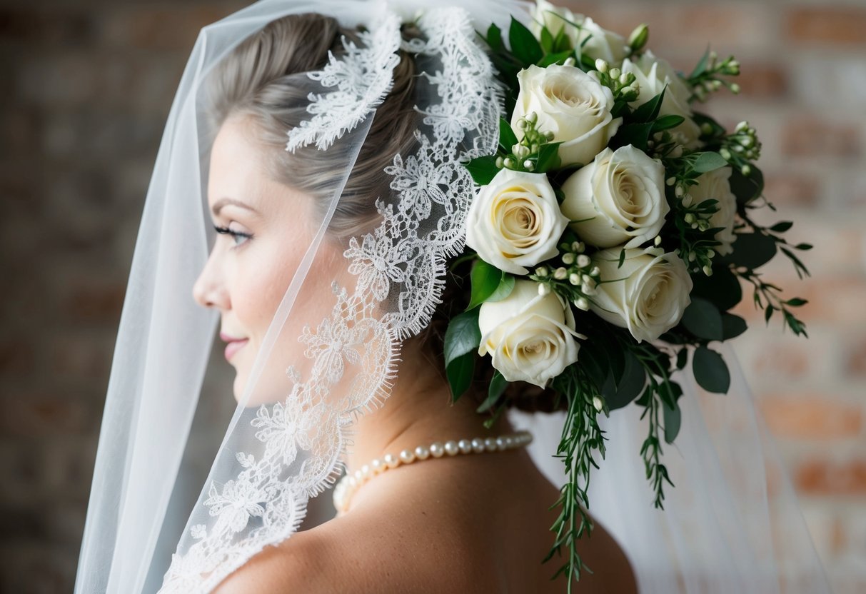 A vintage lace veil draped over a pearl-adorned updo, with a bouquet of white roses and cascading greenery
