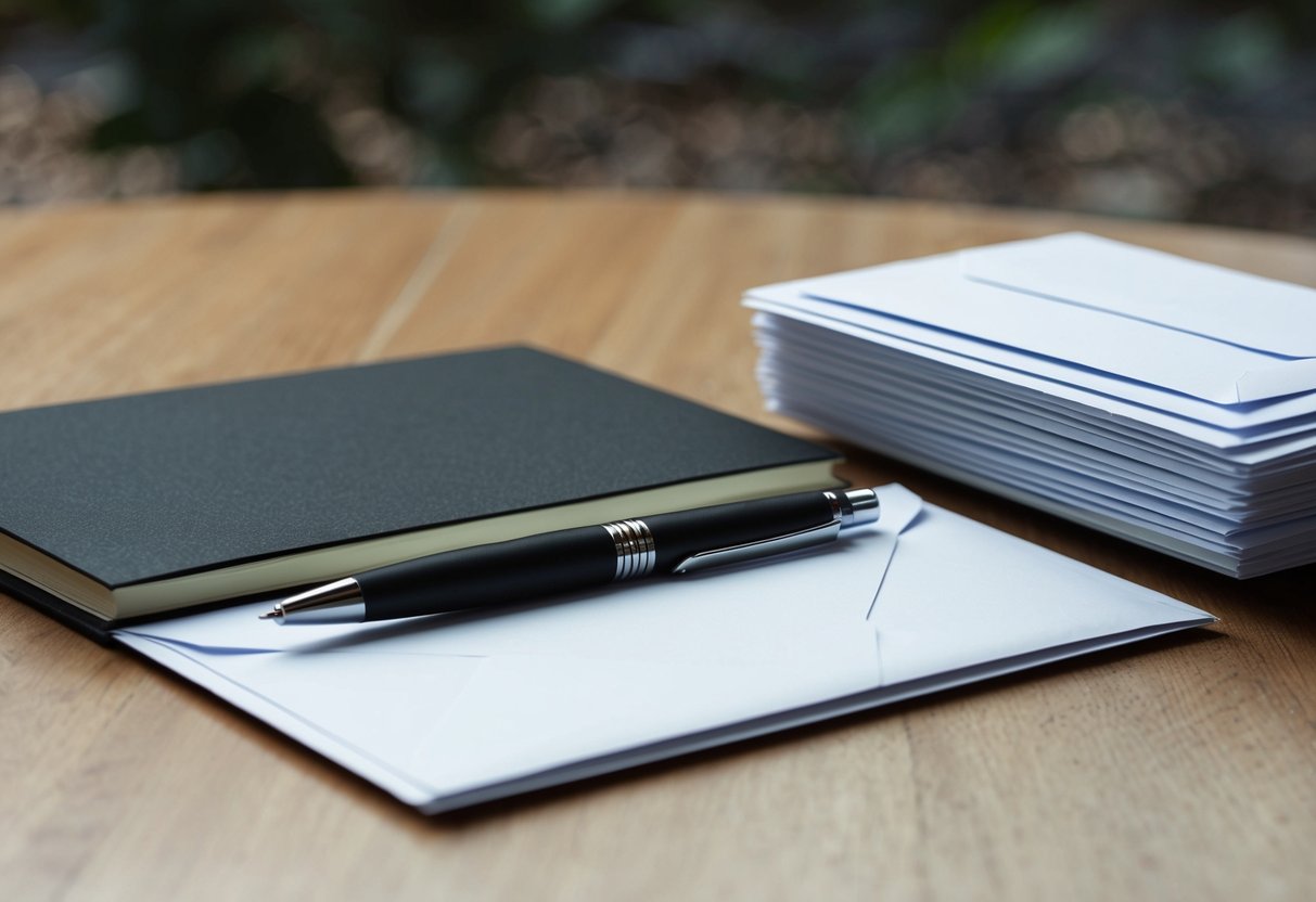 A table with a pen, notebook, and a stack of envelopes for RSVPs