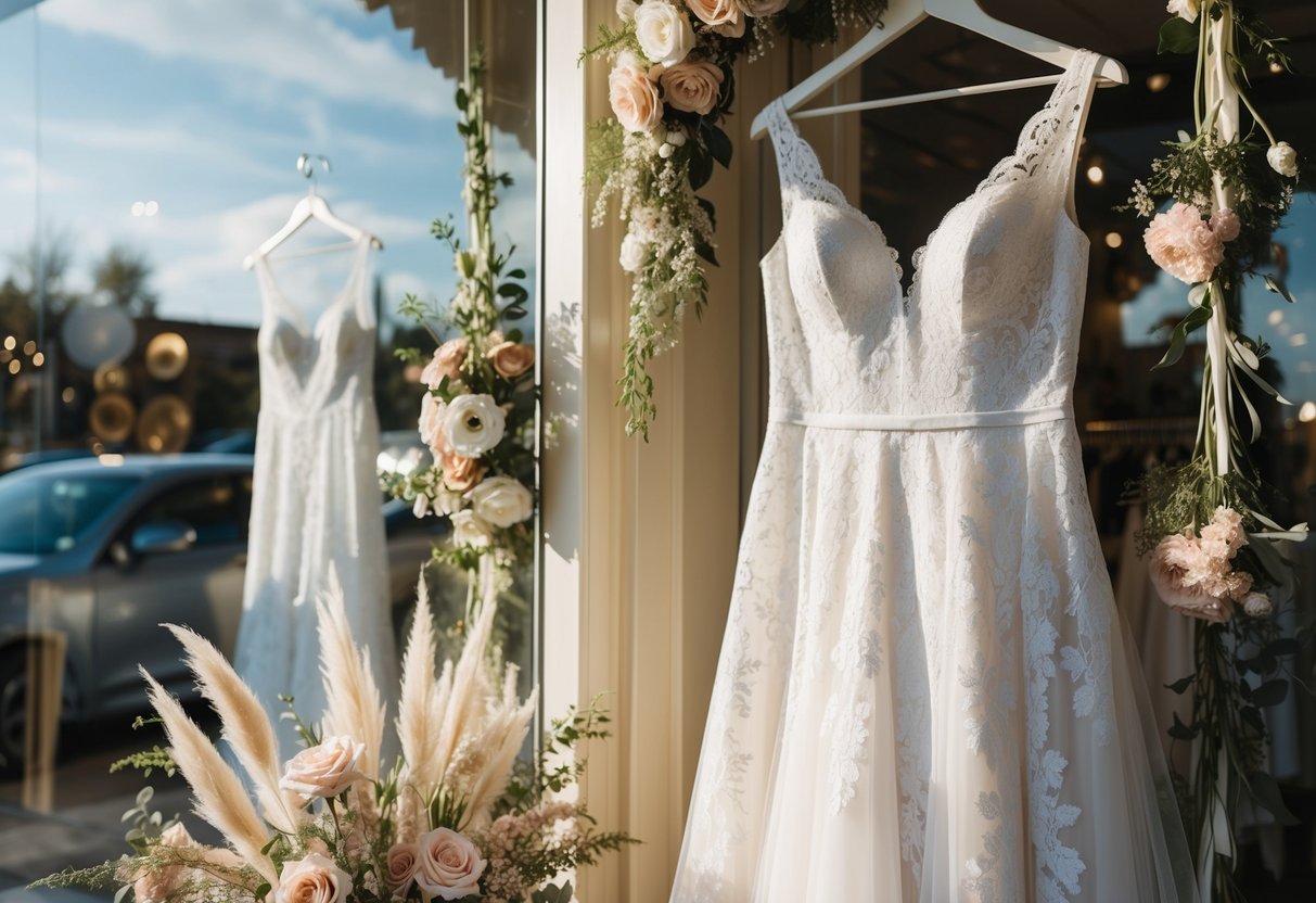 A lace wedding dress hanging in a sunlit boutique window, surrounded by delicate floral arrangements and vintage-inspired decor