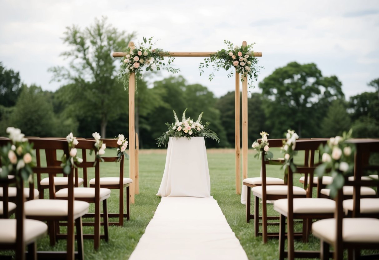 A simple outdoor wedding setup with a small altar, chairs, and minimal floral decorations