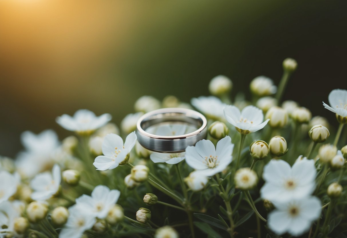 A simple wedding ring resting on a bed of delicate white flowers