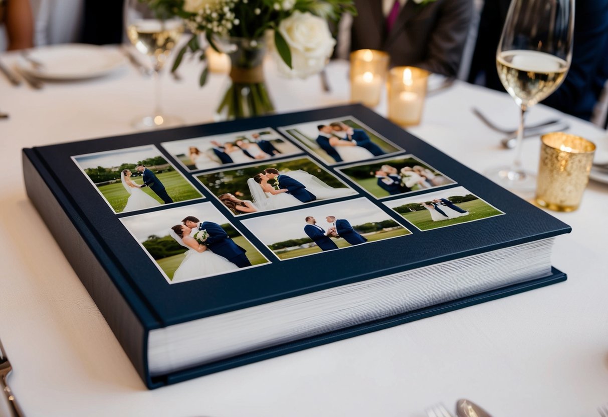 A wedding photobook with a variety of images, including the ceremony, reception, and candid moments