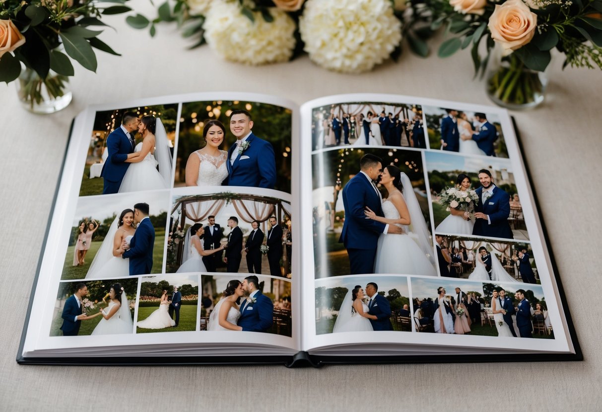 A wedding photobook with 50-100 photos arranged in a balanced layout, featuring various shots of the ceremony, reception, and couple portraits