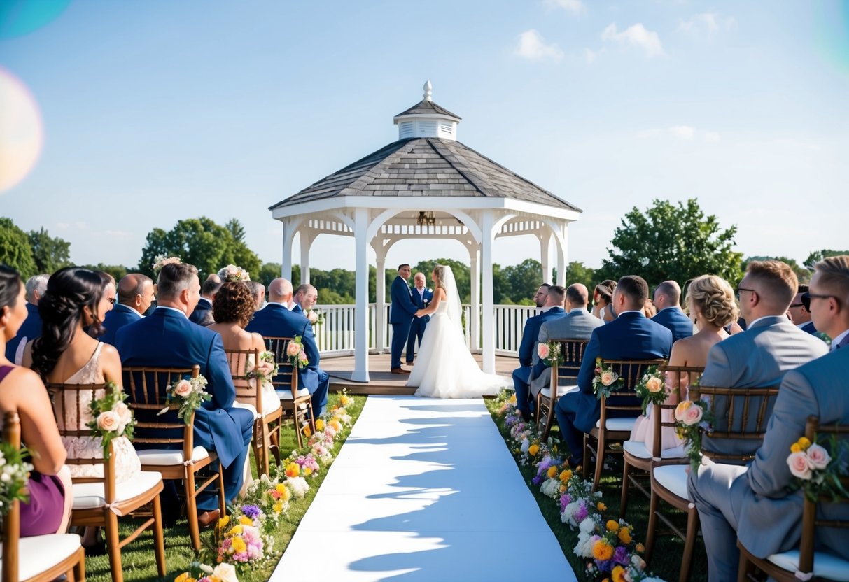 A sunny outdoor wedding ceremony with a white gazebo, colorful flowers, and guests seated on wooden chairs