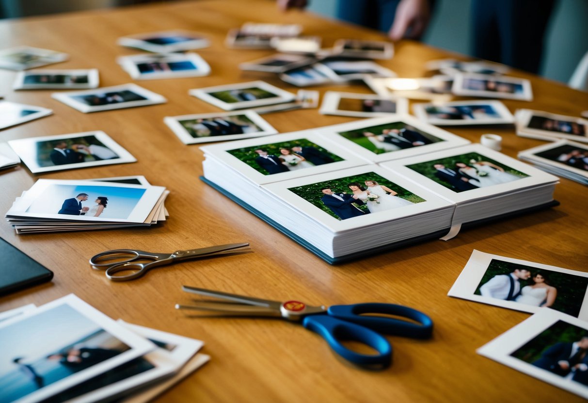 A table scattered with wedding photos, scissors, and adhesive, ready to be arranged into a photobook