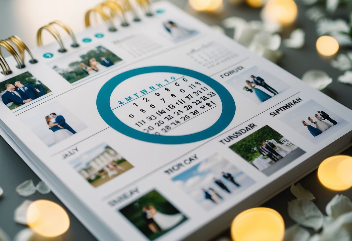 A calendar with a circle around a specific date, surrounded by wedding-related imagery and symbols