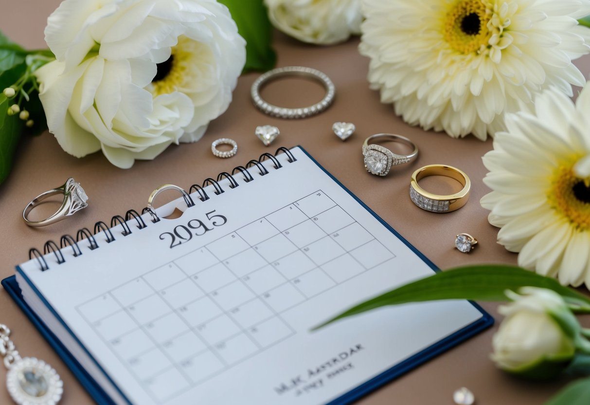 A calendar with a circle around a date, surrounded by wedding-related items like rings, flowers, and a cake