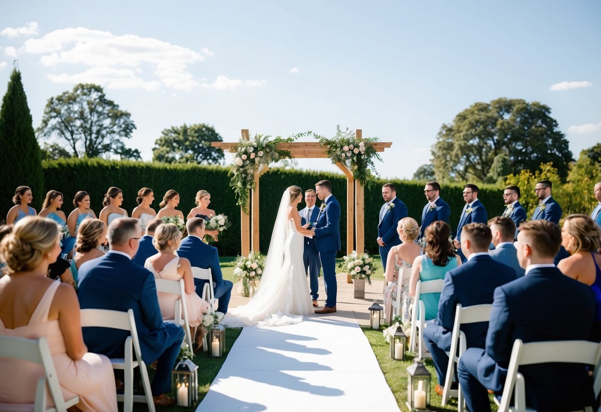 A picturesque outdoor wedding venue on a sunny Saturday afternoon, with guests seated and the couple exchanging vows