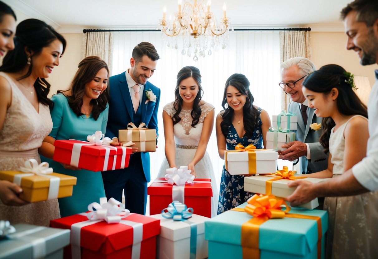A couple surrounded by friends and family opening gifts at their wedding, with no registry in sight
