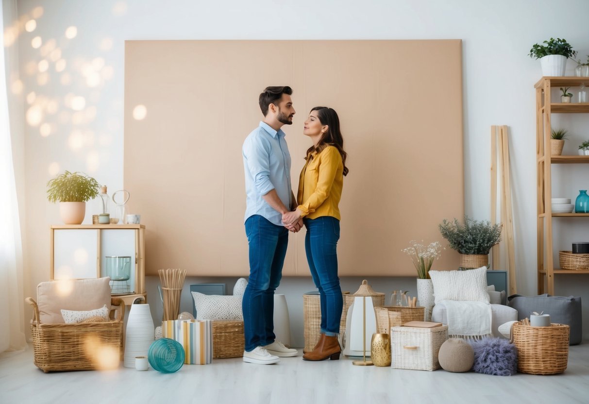 A couple stands in front of a blank canvas, surrounded by various household items and decor. They look contemplative, unsure of whether or not to create a wedding registry