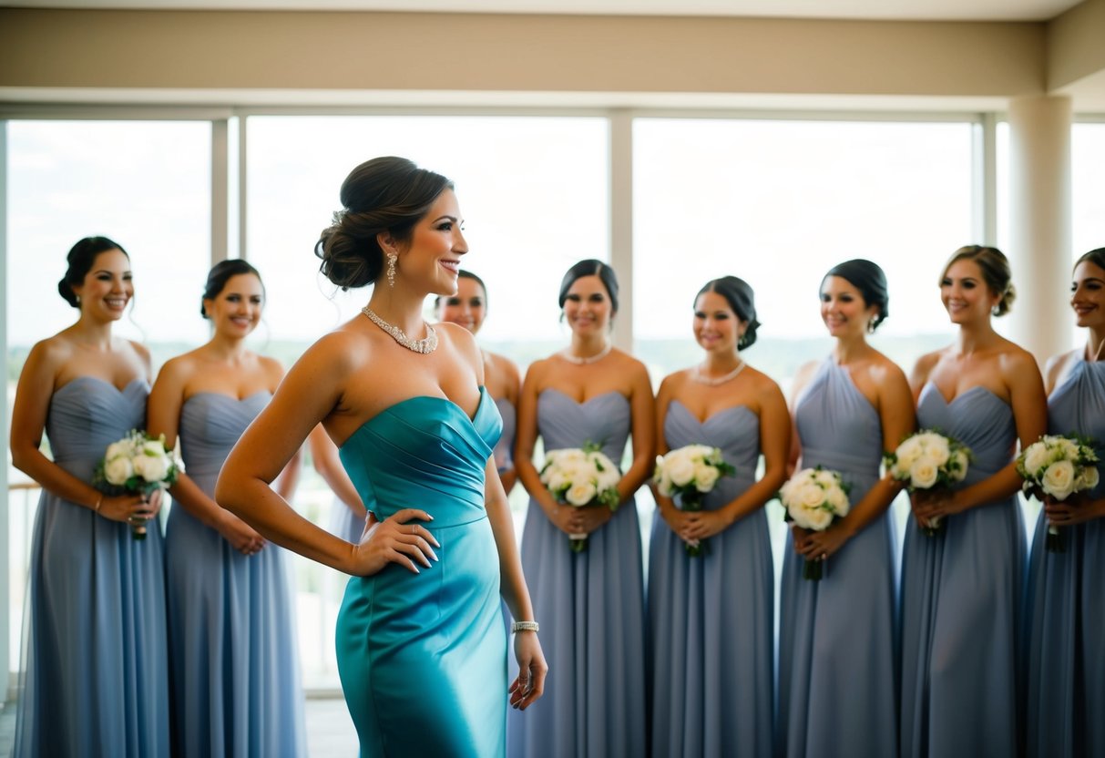 A woman in a stylish cocktail dress stands out from a group of bridesmaids in matching gowns at a wedding