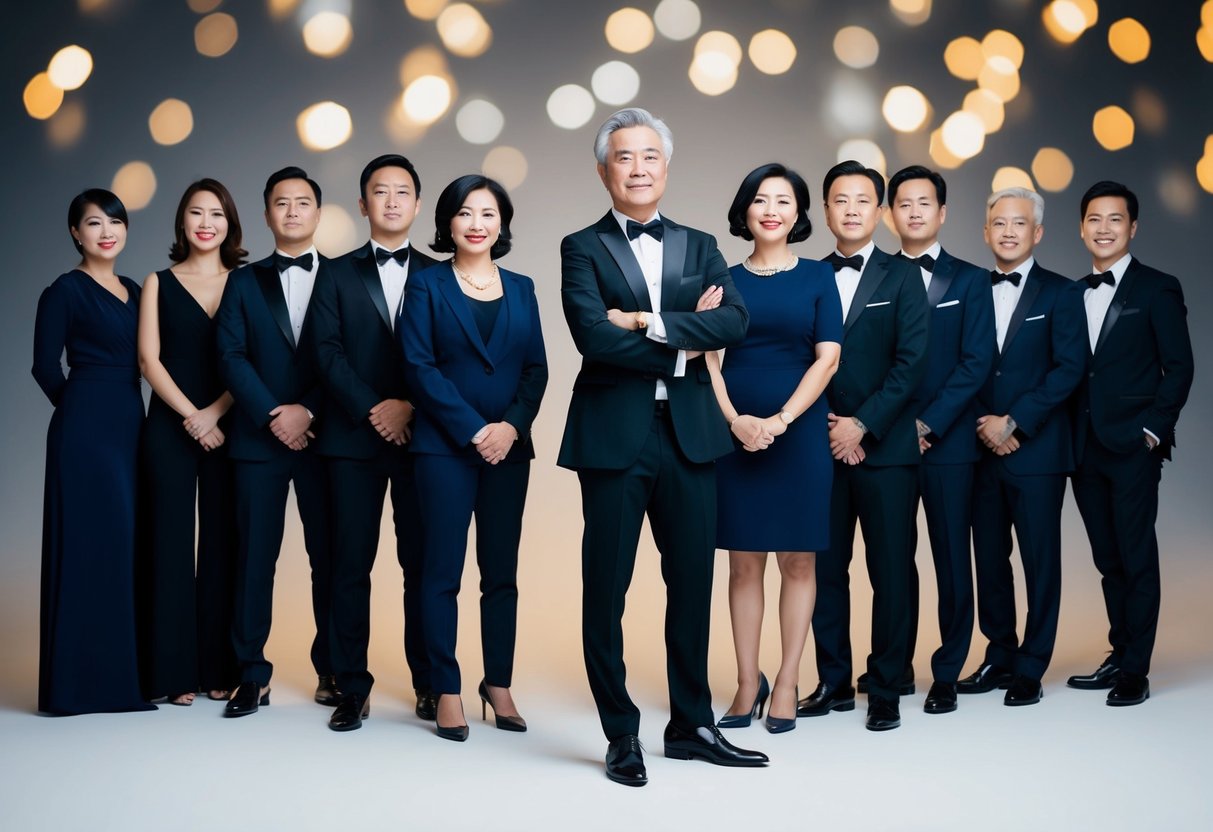 A group of elegantly dressed individuals stand together, with one person subtly set apart from the rest, exuding confidence and individuality