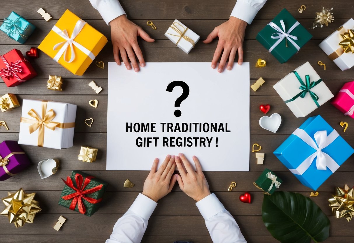 A couple surrounded by diverse gifts, including experiences, charity donations, and home improvement projects, with a question mark above a traditional gift registry
