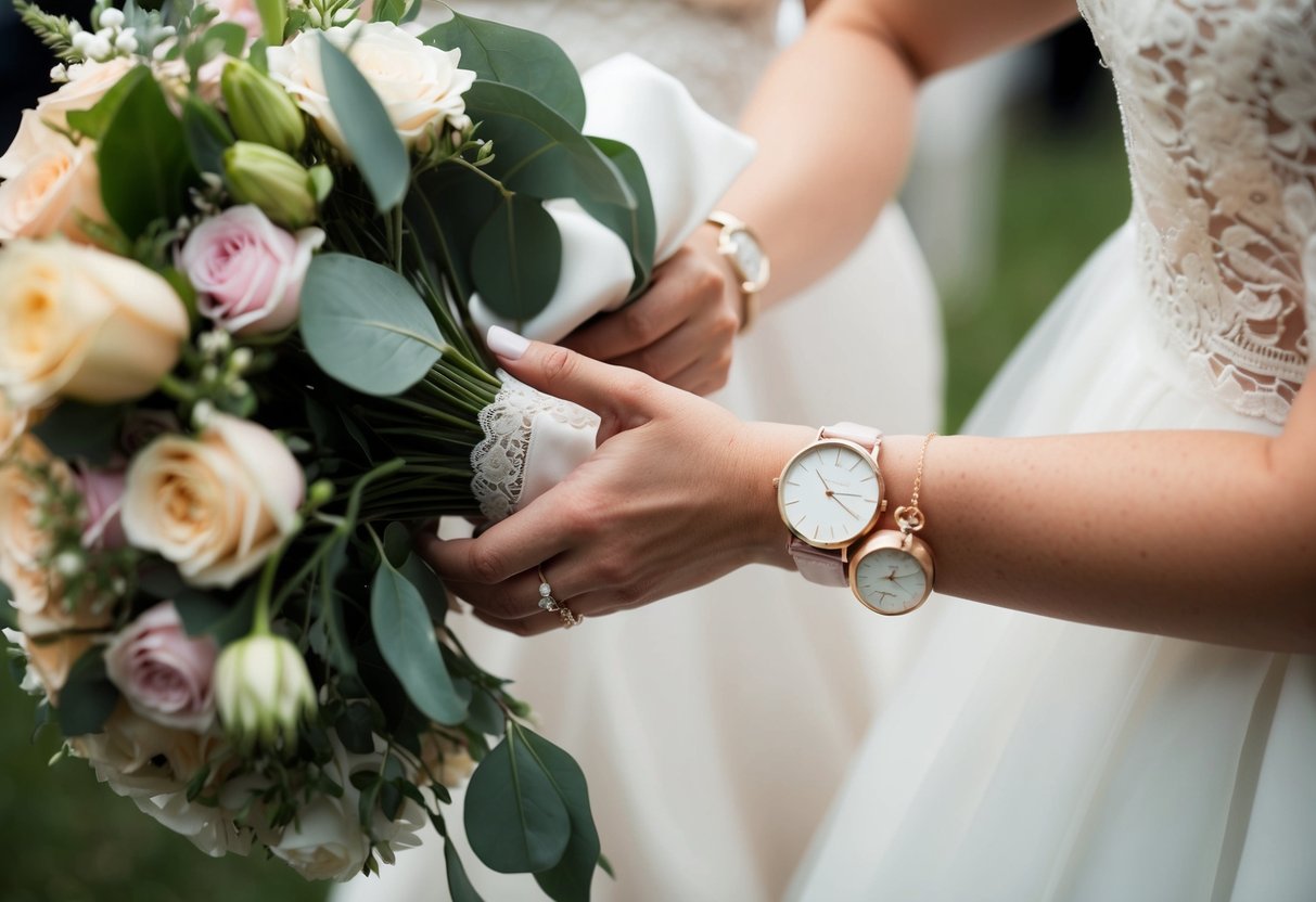 A bride's hand reaching for her bouquet, with a delicate watch on her wrist, surrounded by flowers and lace