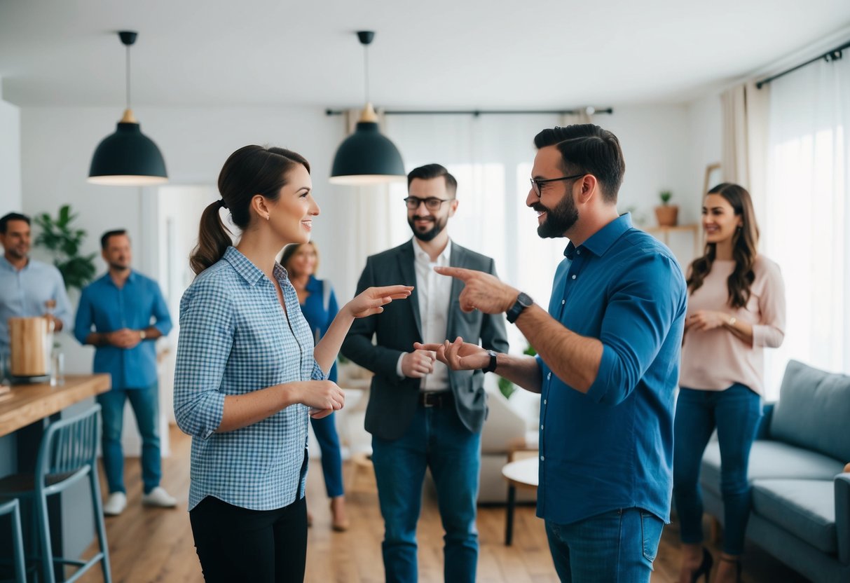 A couple gesturing towards various household items while guests look on