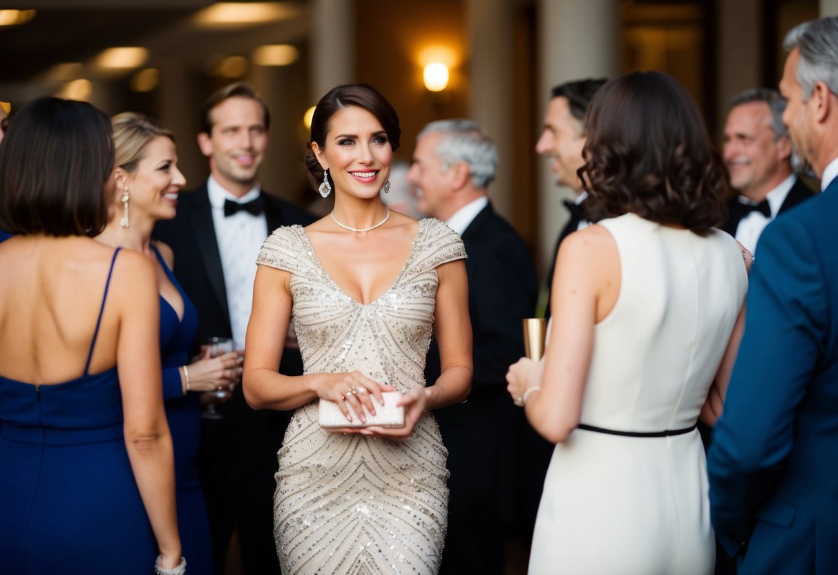 A woman in a stylish cocktail dress stands with a group of guests, holding a small clutch and chatting animatedly. She looks elegant and put-together, with her hair styled and a confident smile on her face