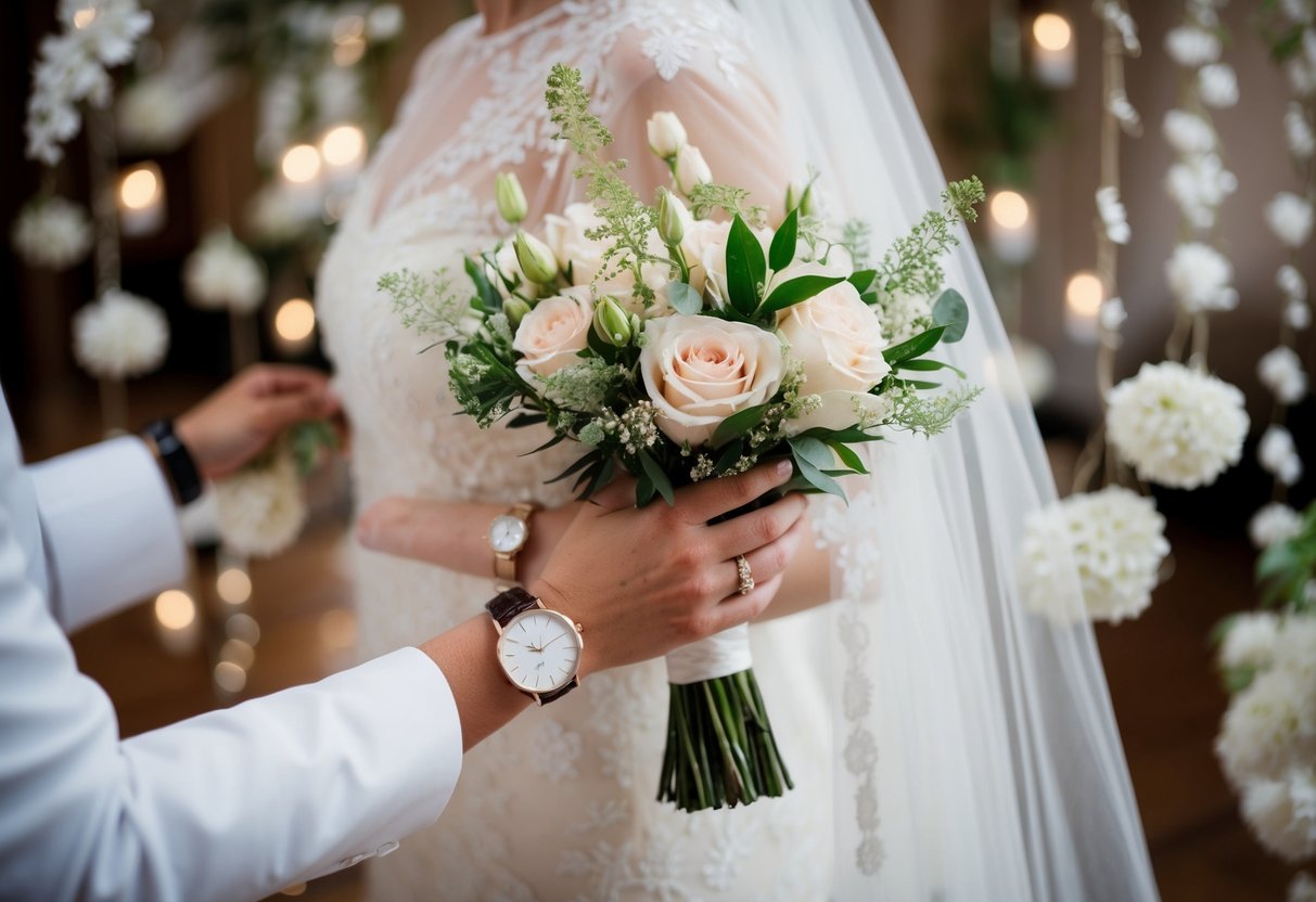 A bride's hand holding a delicate bouquet, with a watch on her wrist, surrounded by traditional wedding decor