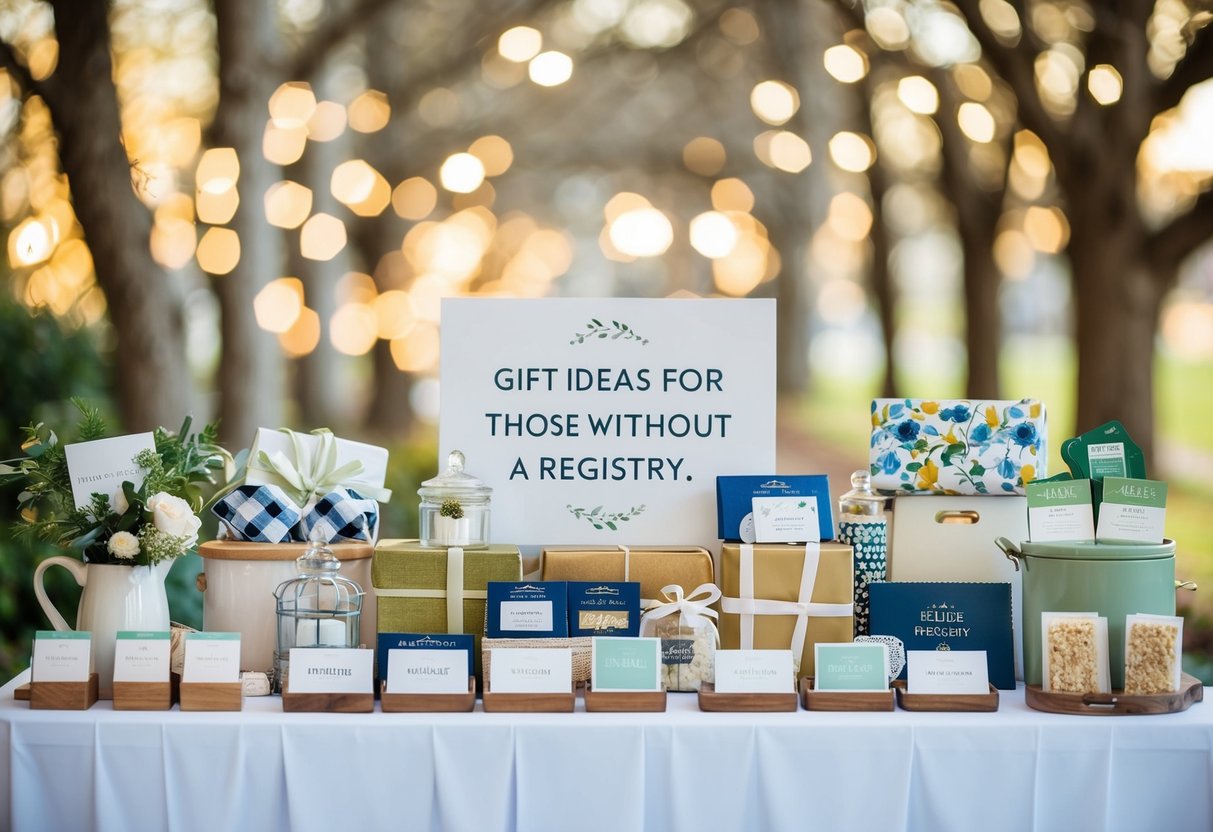 A table with various wedding gifts, including kitchenware, home decor, and gift cards, arranged neatly with a sign indicating "Gift Ideas for Those Without a Registry."