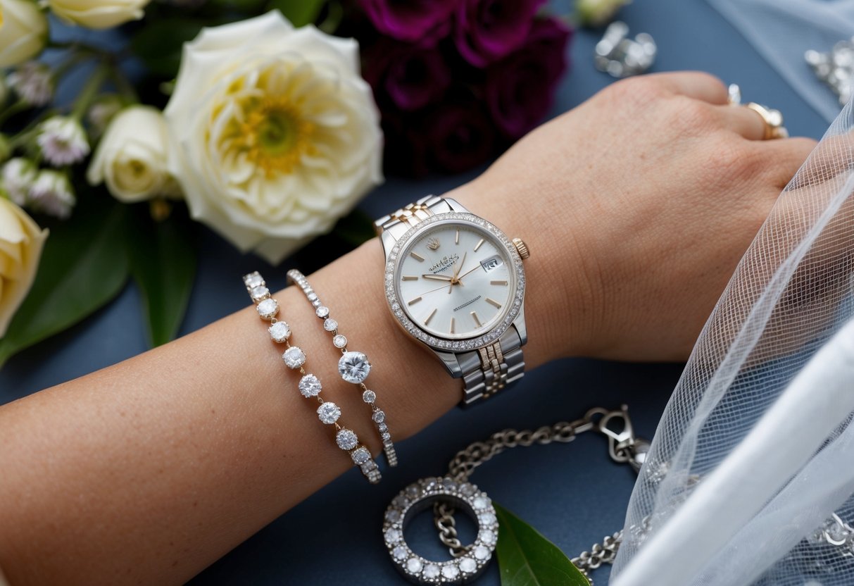 A delicate wrist adorned with a sparkling watch, surrounded by wedding day essentials like flowers, jewelry, and a veil