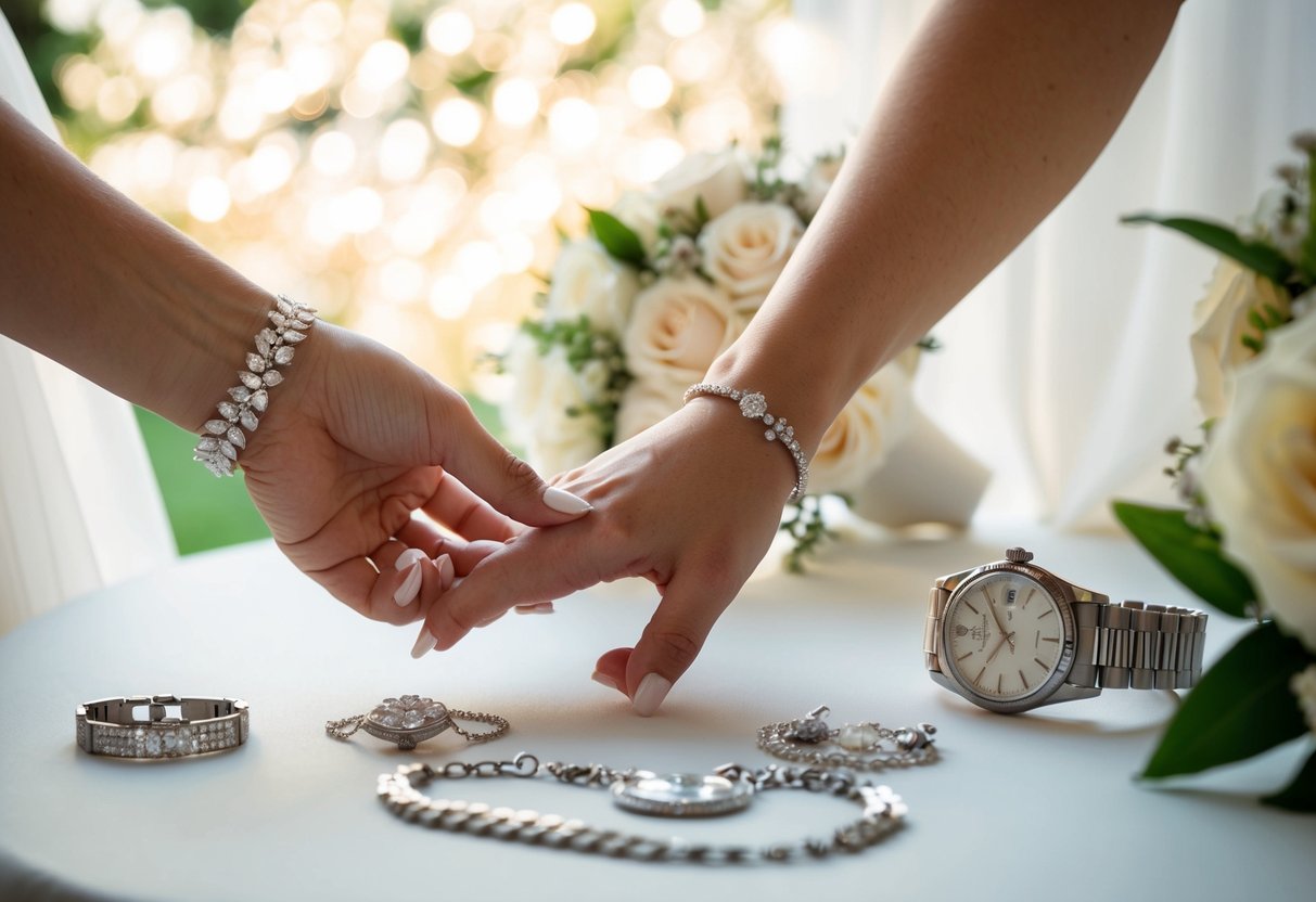 A bride's hand reaching for a delicate bracelet while a luxurious watch sits on a nearby table, surrounded by elegant wedding jewelry