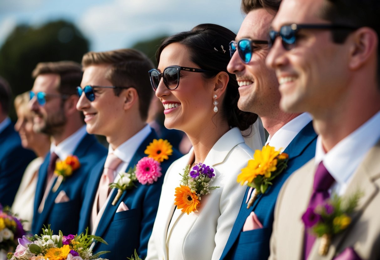 Guests wearing flowers at a wedding, with colorful blooms pinned to their attire, adding a touch of elegance and joy to the celebration
