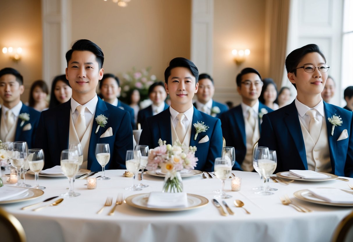 A table set with elegant place settings, each adorned with a delicate flower. A group of guests in formal attire, each wearing a single blossom pinned to their lapels