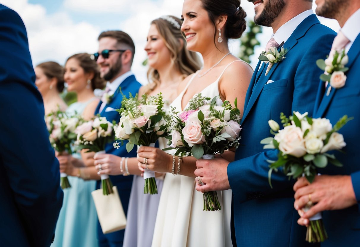 Guests holding and wearing flowers at a wedding ceremony
