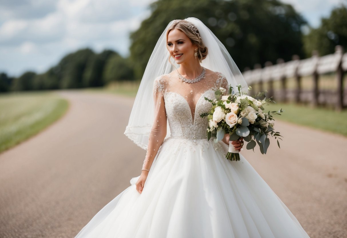 A bride in a flowing white gown, adorned with delicate lace and intricate beading, wearing a veil and holding a bouquet of flowers