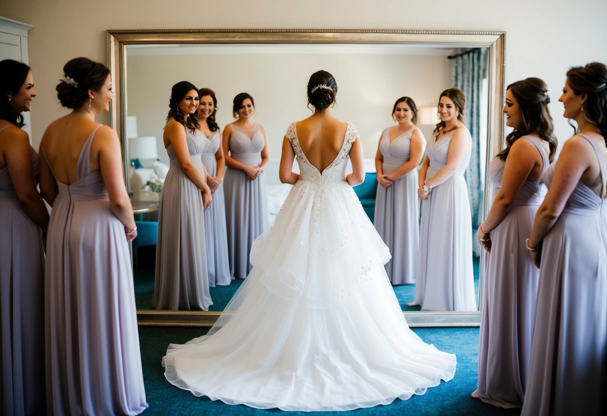 A bride wearing a flowing white wedding gown, adorned with delicate lace and intricate beading, standing in front of a full-length mirror, surrounded by her bridesmaids helping her get ready