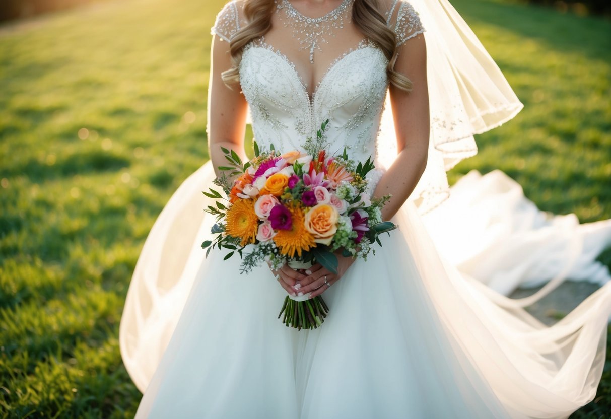 A bride in a flowing white wedding gown, adorned with delicate lace and intricate beading, holding a bouquet of vibrant flowers