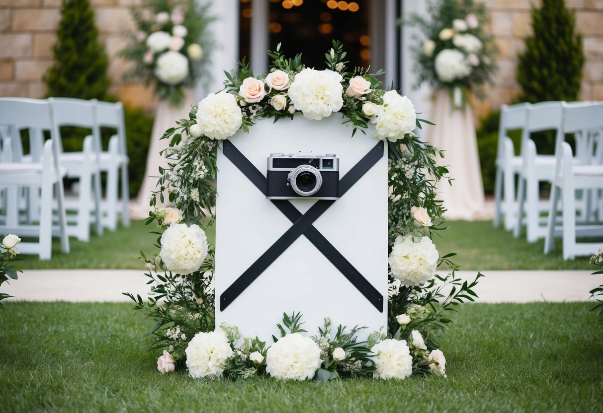 A sign with a camera crossed out, surrounded by beautiful flowers and greenery, placed at the entrance of the wedding venue