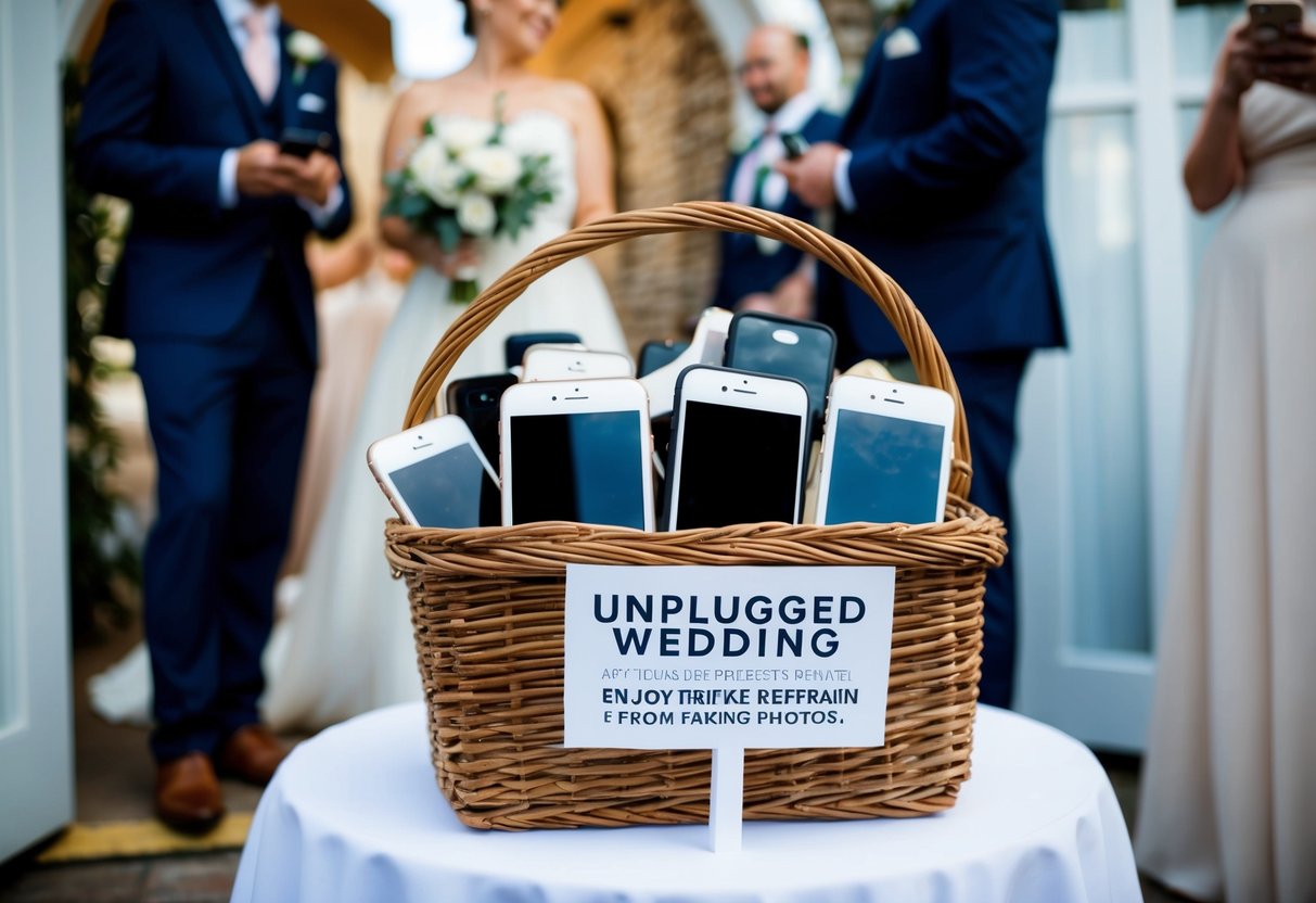 Guests' phones in a basket, labeled "Unplugged Wedding," by the entrance. A sign instructs them to enjoy the moment and refrain from taking photos