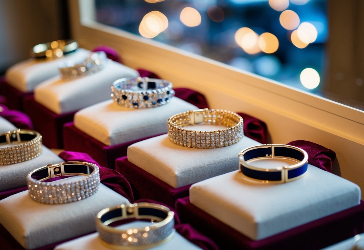 Several elegant bracelets arranged on a velvet jewelry display, catching the light