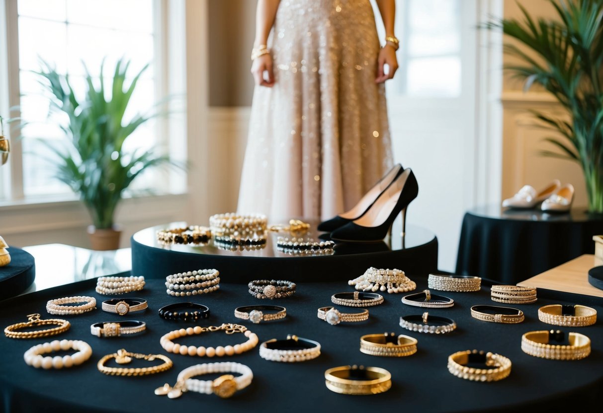 A display of various bracelets spread out on a table, with a woman's elegant dress and shoes in the background