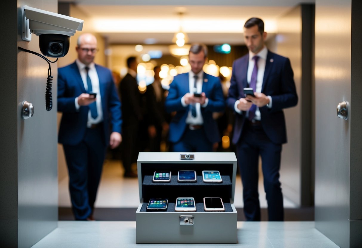 Guests' phones in a locked box at the entrance, guarded by a security camera