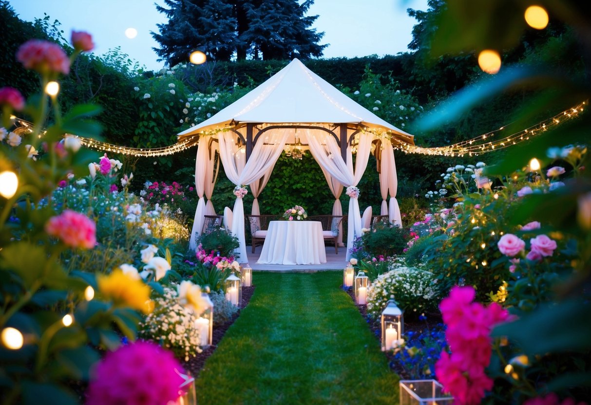 A vibrant garden filled with blooming flowers and twinkling lights, with a gazebo adorned with flowing fabric and delicate decorations, creating a romantic and enchanting setting for a wedding celebration