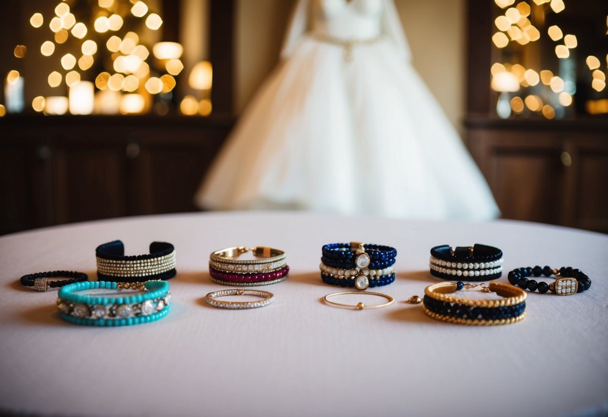 A table with various bracelets laid out, with a wedding dress in the background