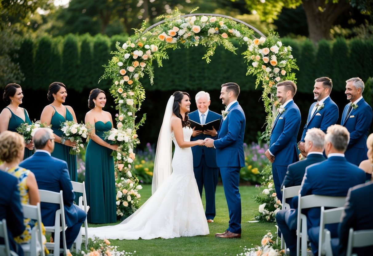 A joyful wedding ceremony in a garden, with families and communities gathered, flowers and decorations, and a couple exchanging vows under a beautiful arch