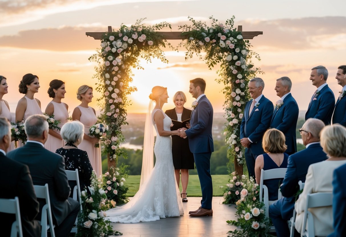 A couple standing beneath a flower-covered archway, exchanging vows surrounded by family and friends, with a beautiful sunset in the background