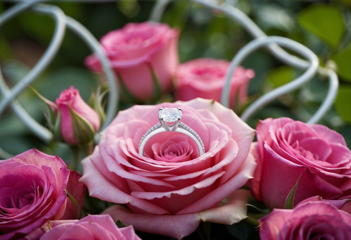 A wedding ring placed on a bed of roses, surrounded by intertwined vines and symbolic elements of love and unity