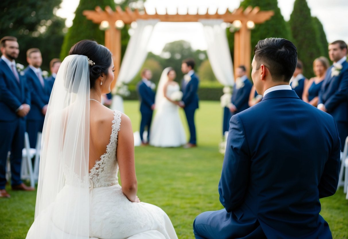 A bride sits on the left, facing her groom, with a traditional wedding arch in the background