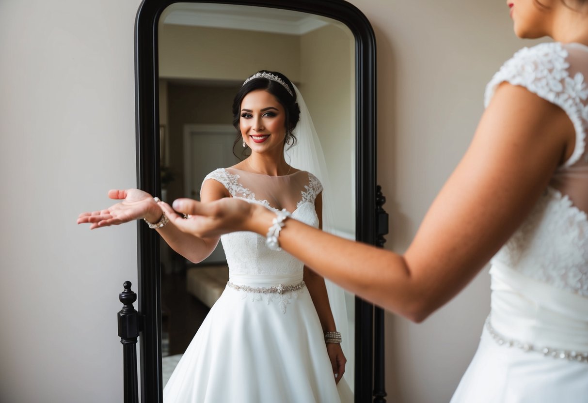 A bride stands in front of a mirror, wearing a traditional white wedding gown. She holds out her wrists, adorned with delicate bracelets on each arm