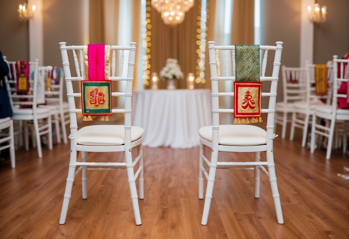 A wedding scene with two empty chairs, one on the left and one on the right, adorned with cultural symbols and variations