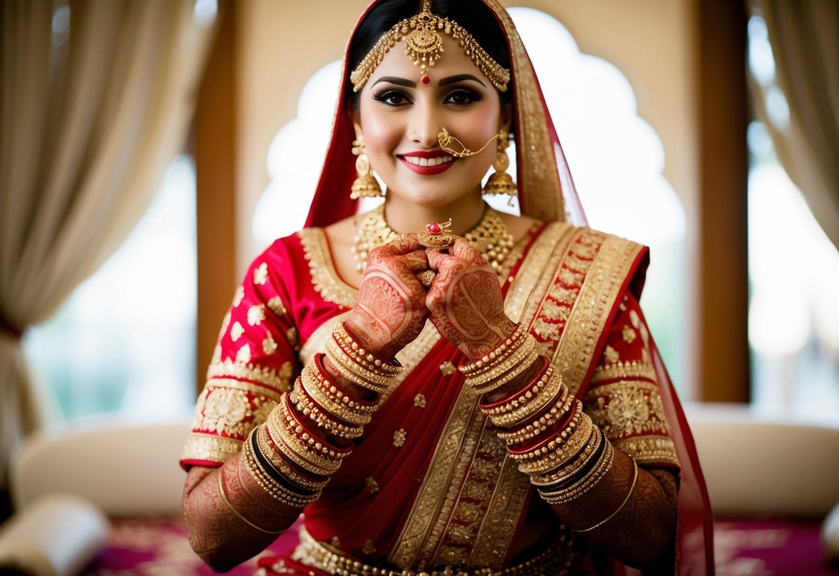 A bride sits adorned in traditional attire, wearing intricate bracelets on both wrists, symbolizing cultural significance and marital tradition