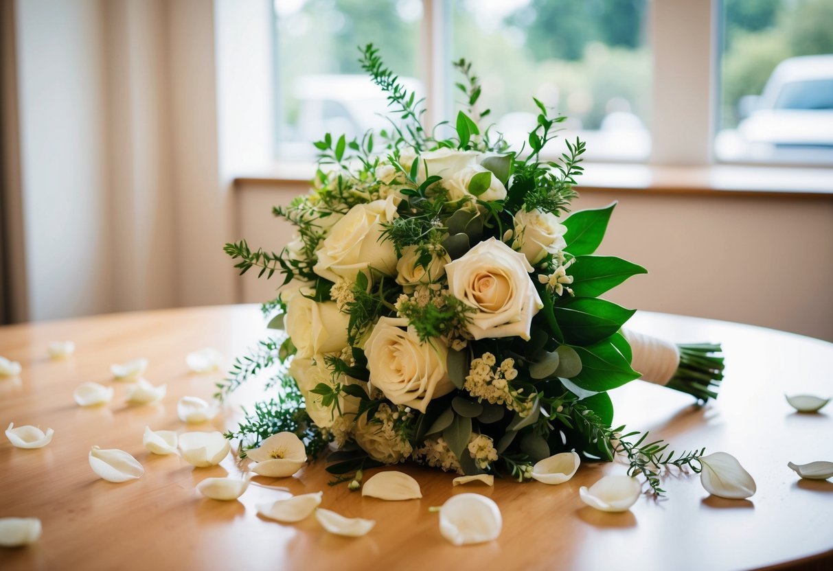 A bride's bouquet lies abandoned on a table, surrounded by scattered petals and greenery