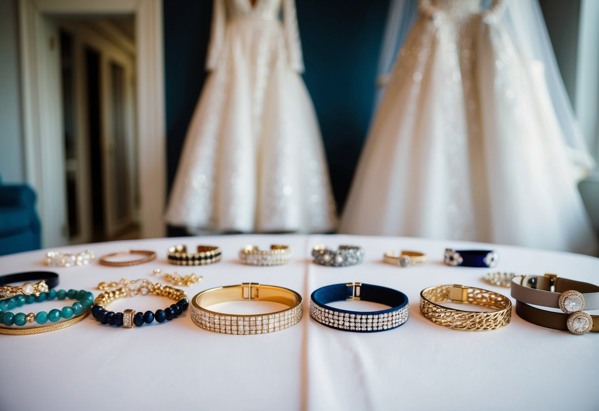 A table with an array of bracelets in various designs and materials, with a bridal gown in the background