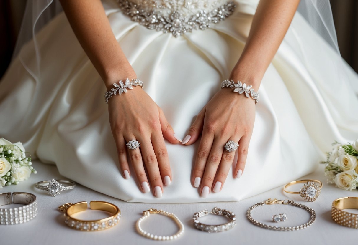 A bride's hands with a delicate bracelet on each wrist, surrounded by a selection of elegant jewelry and accessories for her big day
