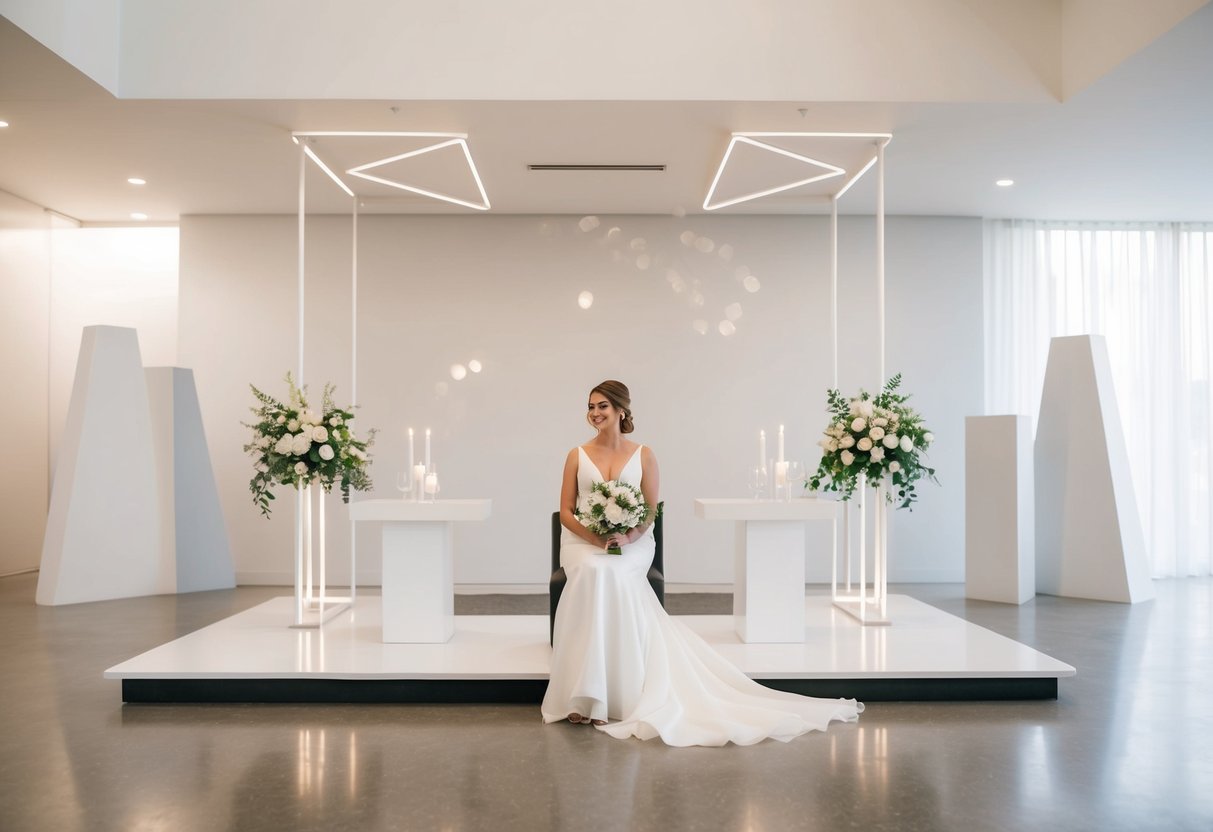 A bride sits on the left side of a modern, minimalist wedding altar, surrounded by geometric shapes and clean lines