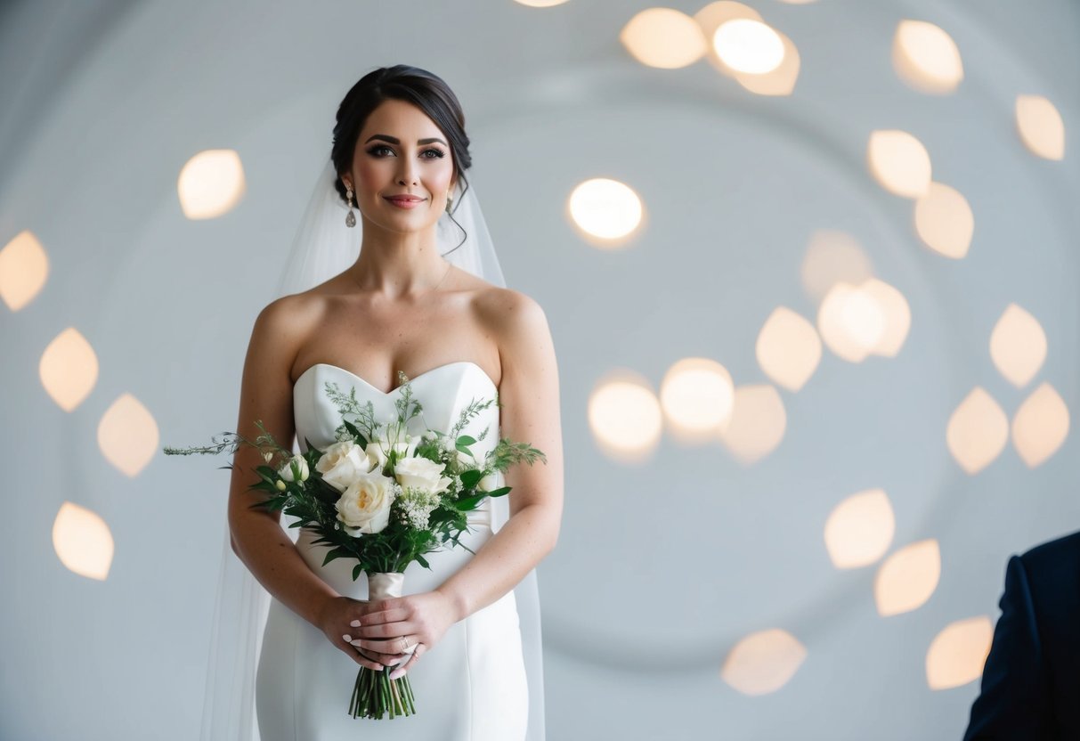 A bride standing in a modern, minimalist wedding ceremony, holding a unique alternative to a traditional bouquet