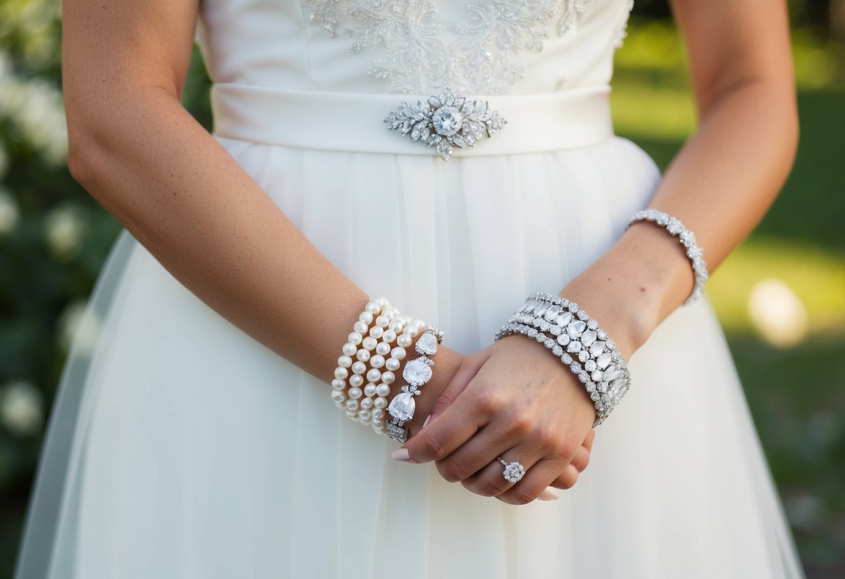 A bride wears a delicate pearl bracelet on one wrist and a sparkling diamond bracelet on the other, adding a touch of elegance to her wedding attire